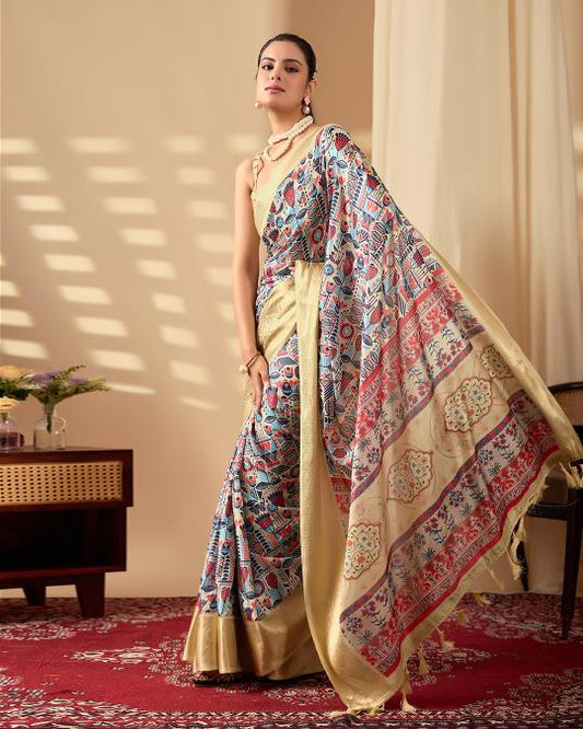 Premium Soft Silk Multicolor Printed Saree with Rich Gold Zari Woven Border