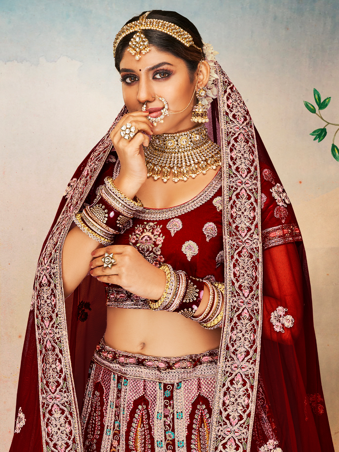 Maroon Velvet Semi Stitched Lehenga With Unstitched Blouse