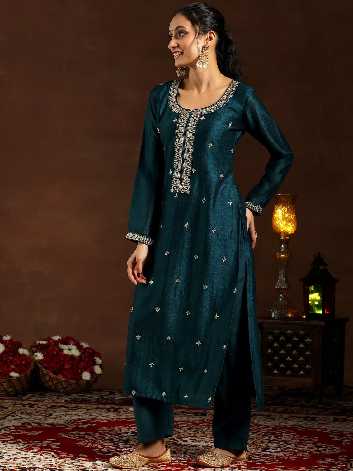 Mameraa Teal Embroidered Silk Blend Straight Suit With Dupatta