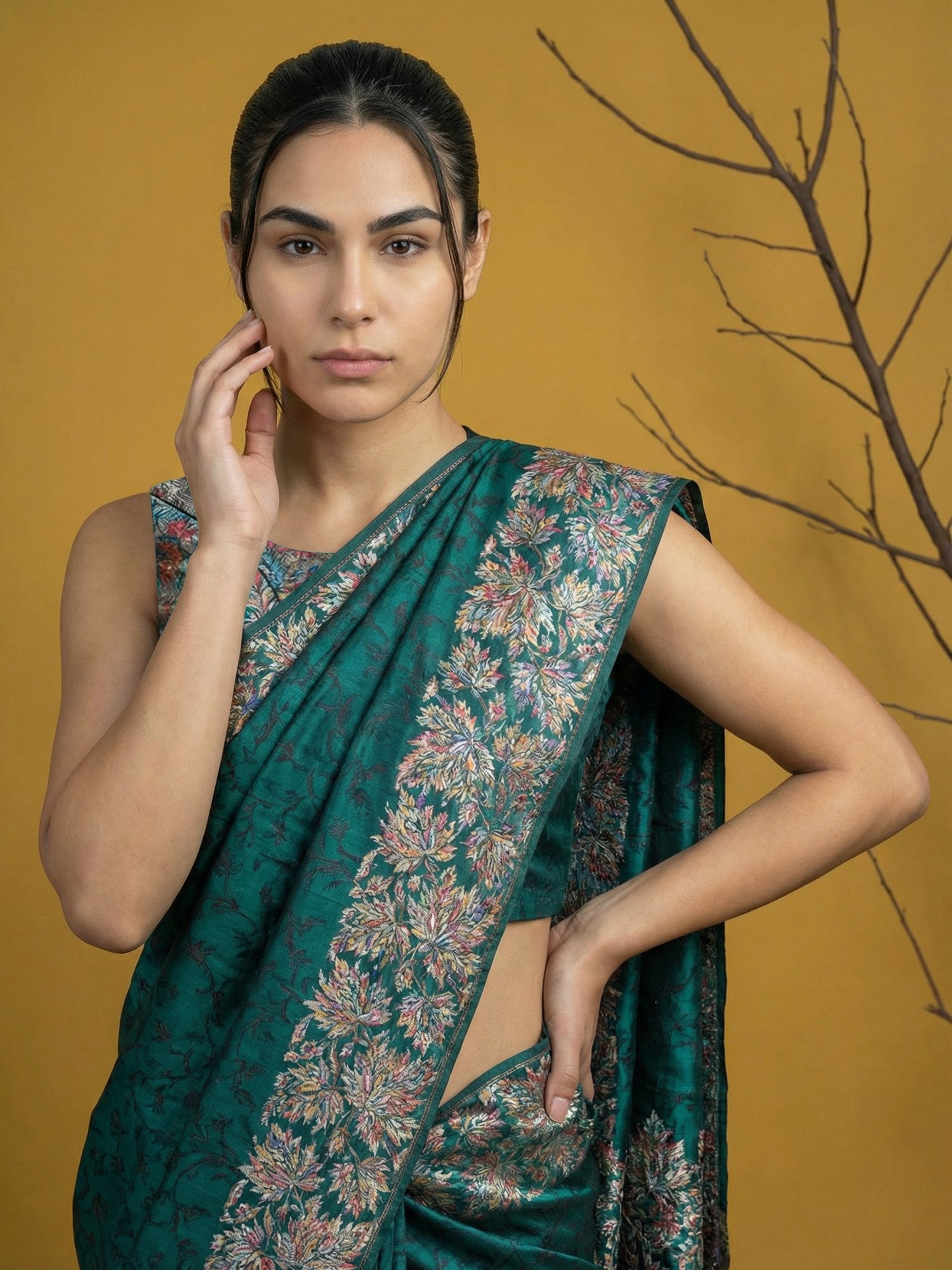 Soft Silk Printed Floral Saree with Rainbow Zari Woven Pallu and Contrast Blouse Festive Party Wear Saree