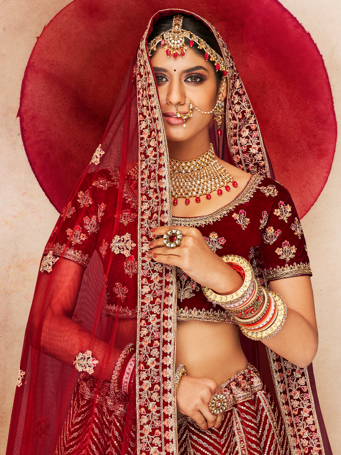 Maroon Velvet Semi Stitched Lehenga With Unstitched Blouse