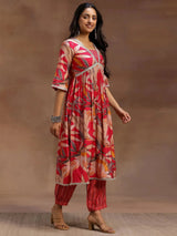 Gerua Pink Printed Silk Blend A-Line Kurta With Salwar & Dupatta