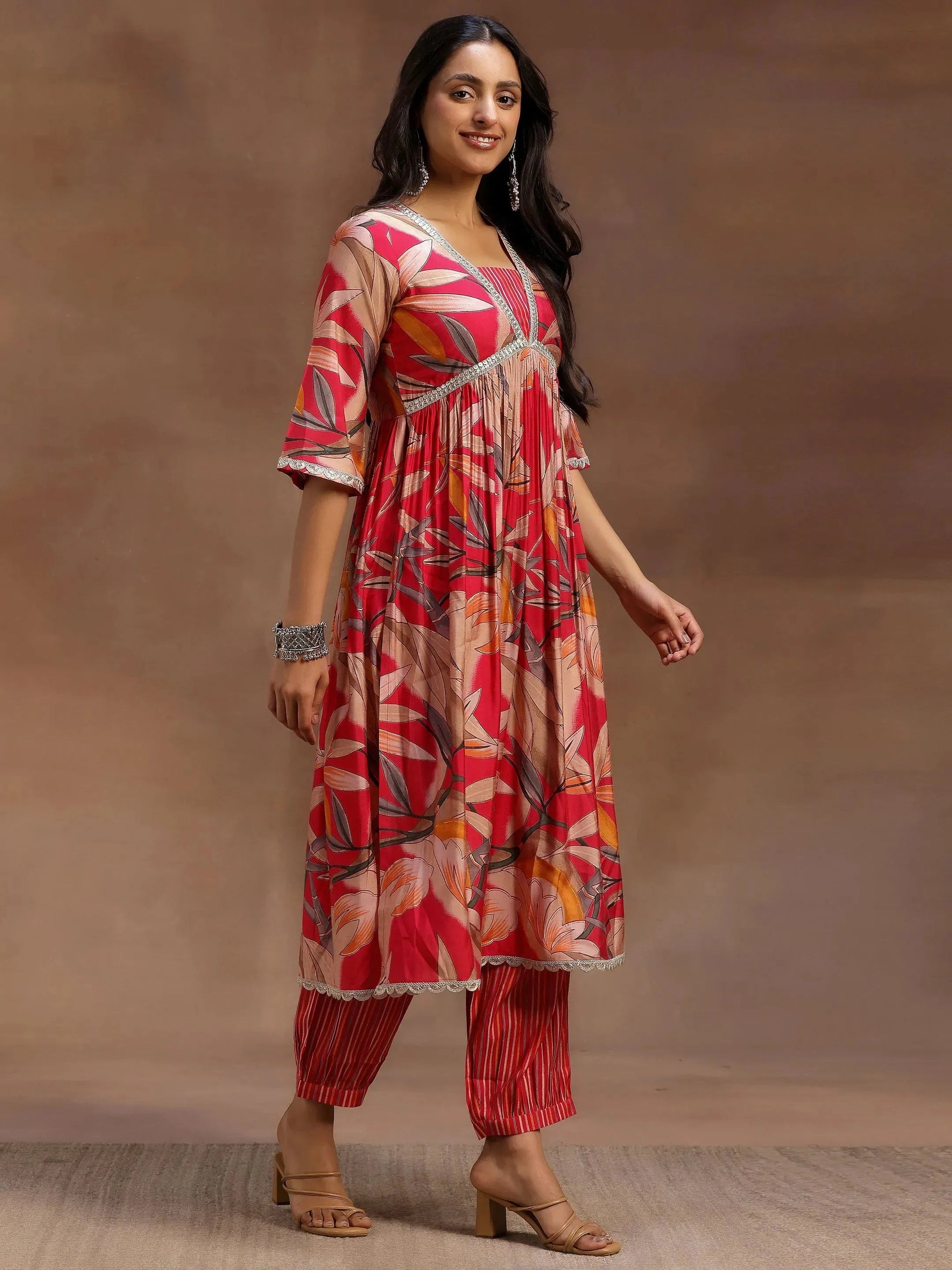Gerua Pink Printed Silk Blend A-Line Kurta With Salwar & Dupatta