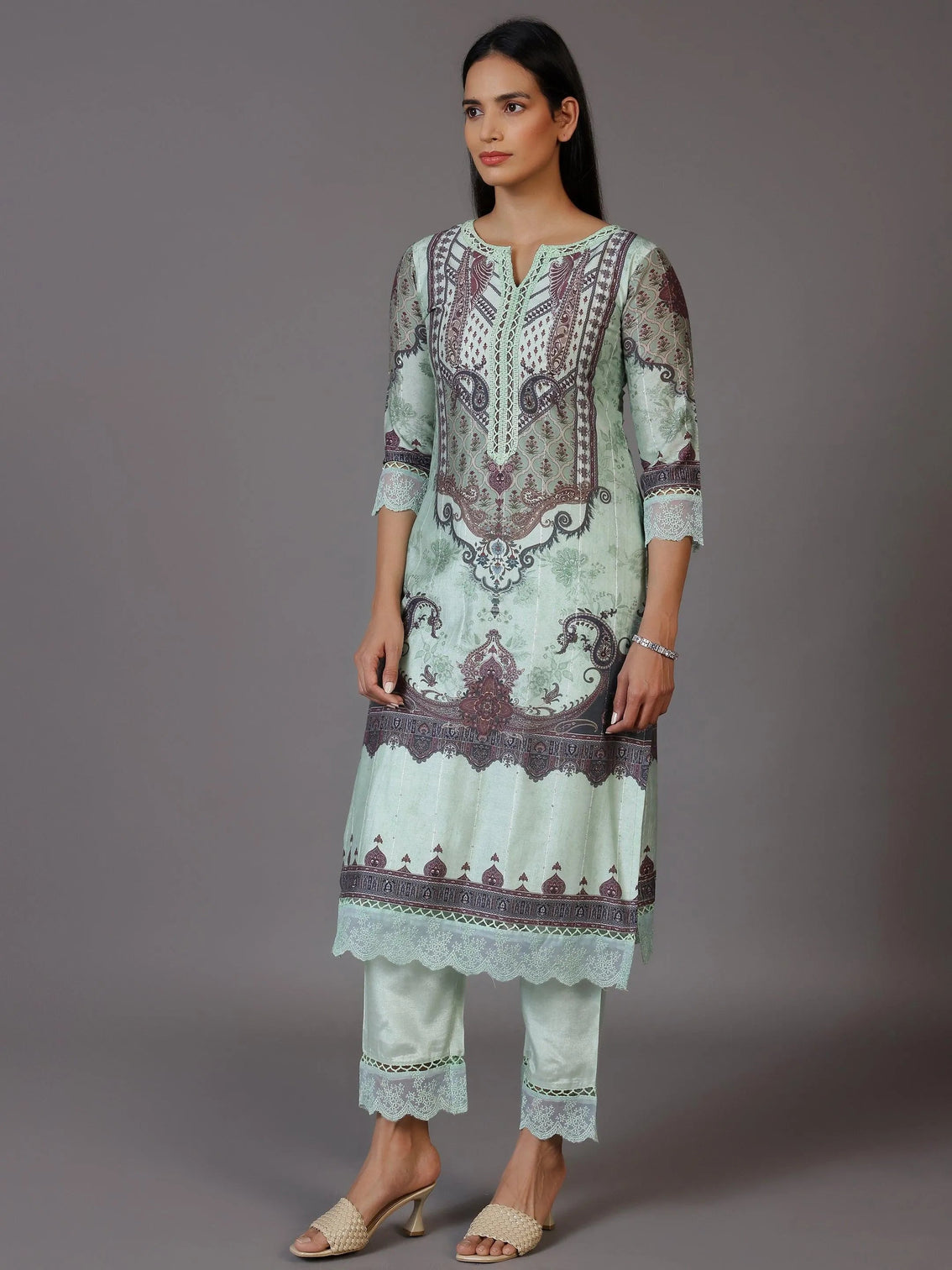 Mameraa Green Printed Silk Blend Pakistani Suit