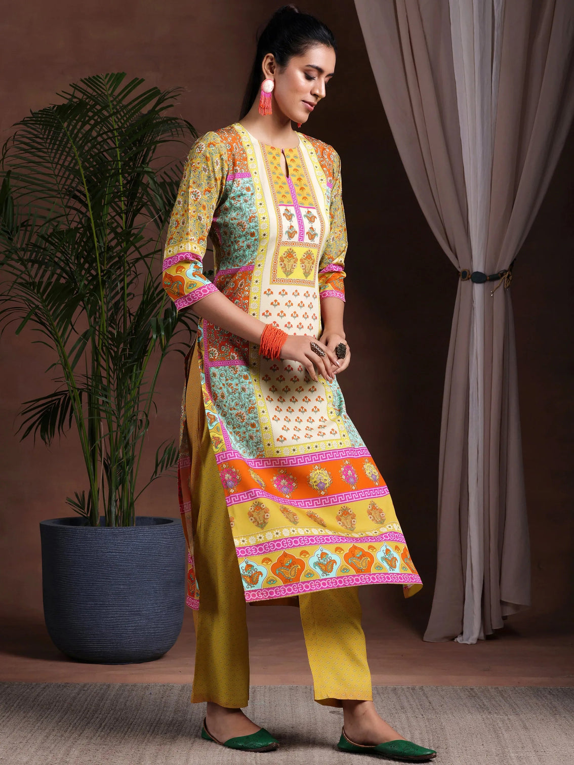 Mameraa Mustard Printed Poly Crepe Straight Suit With Dupatta