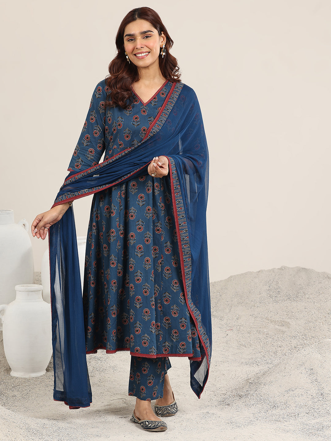 Mameraa Navy Blue Printed Cotton A-Line Suit With Dupatta