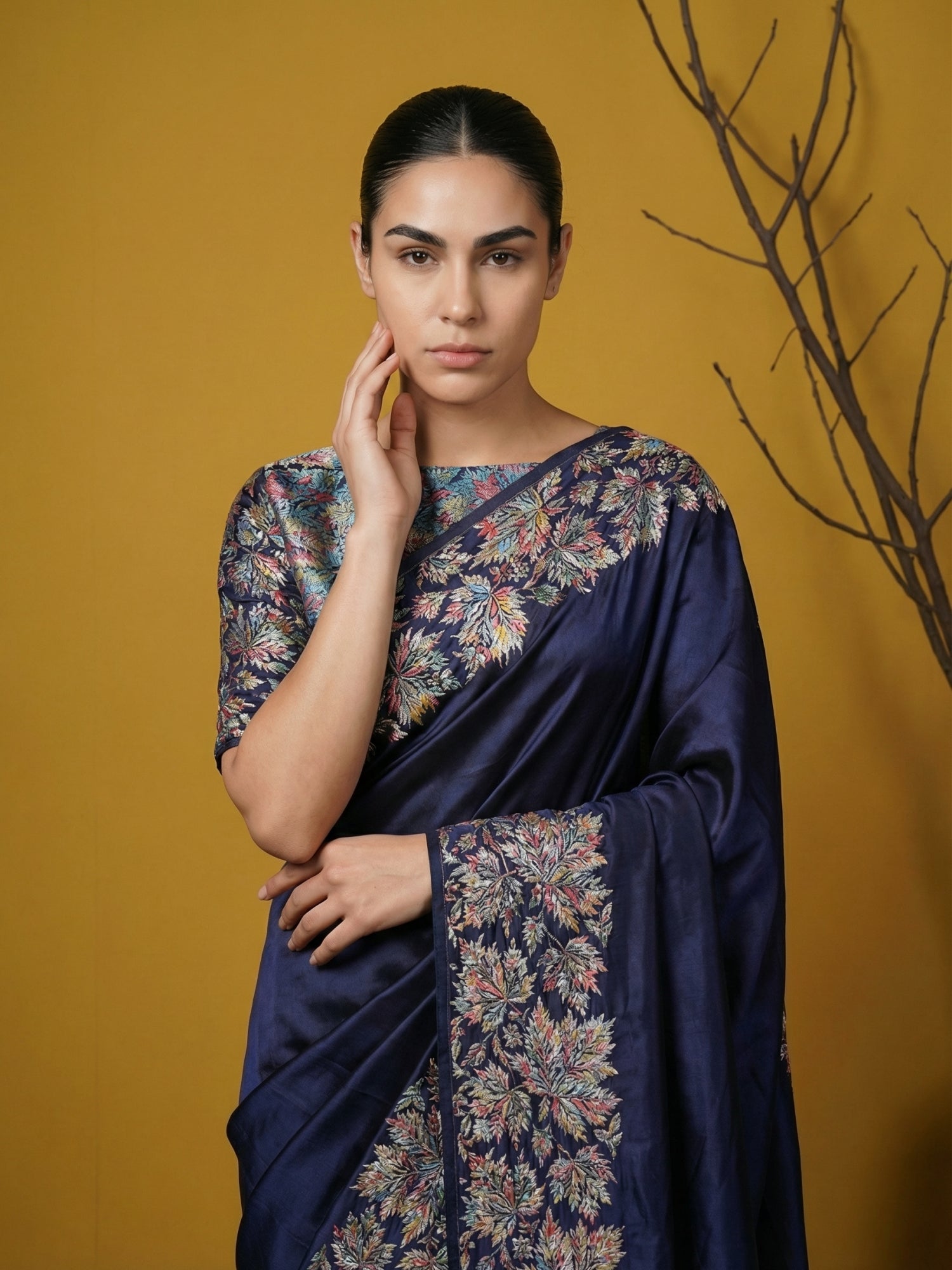 Soft Silk Printed Floral Saree with Rainbow Zari Woven Pallu and Contrast Blouse Festive Party Wear Saree