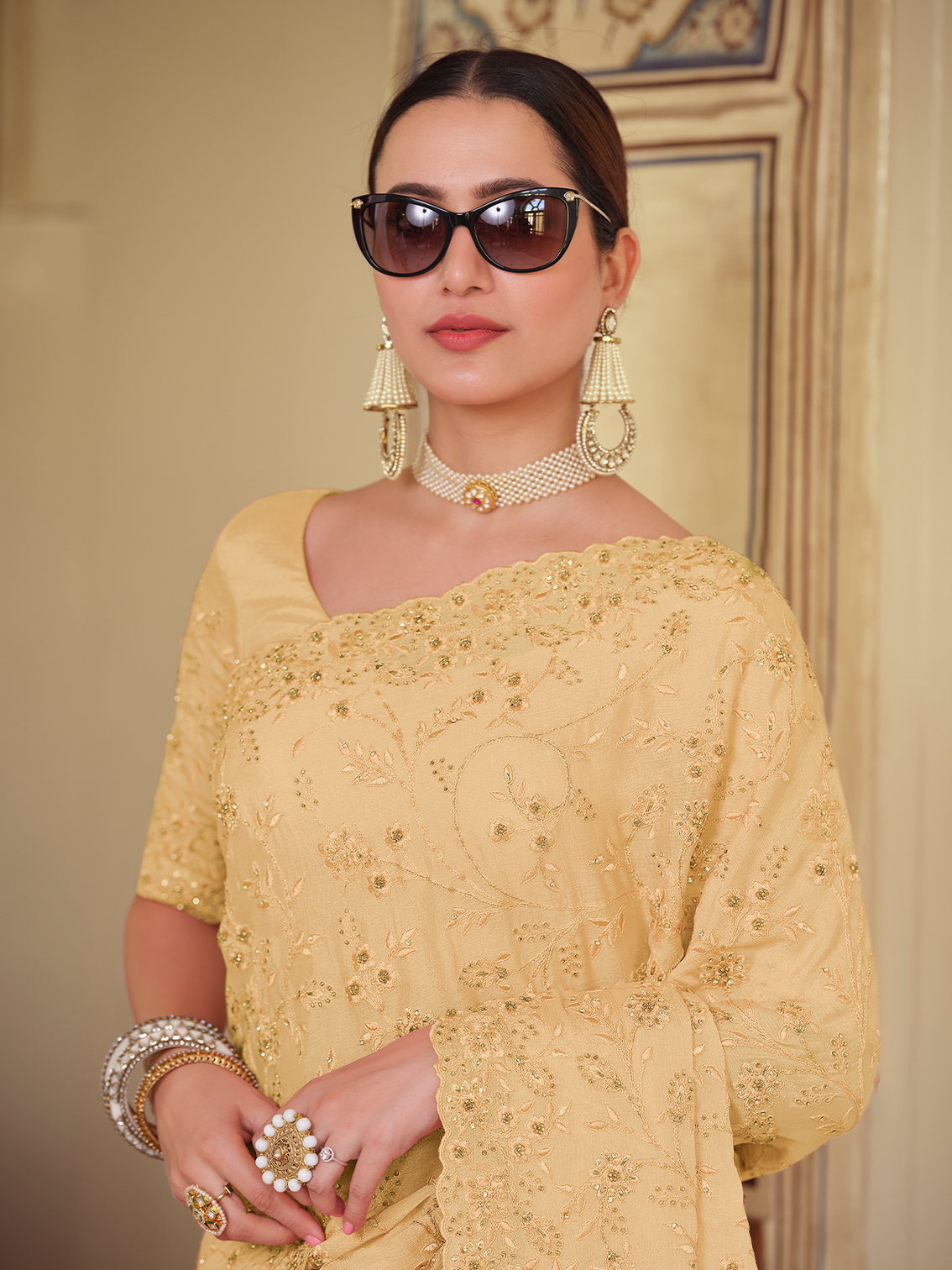 Yellow Chiffon Saree With Unstitched Blouse