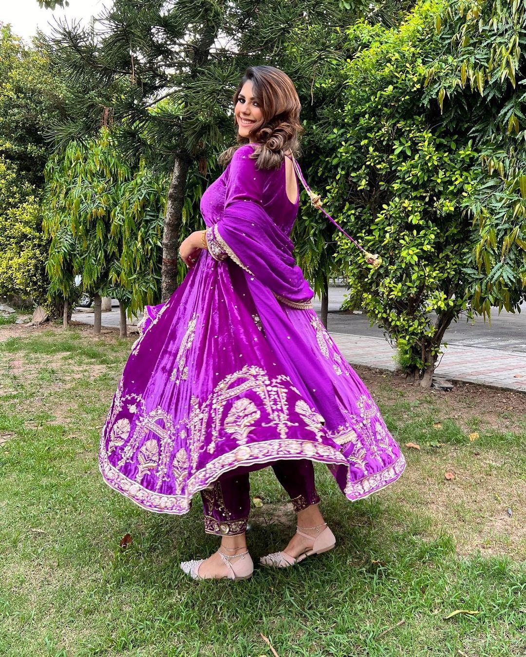 Stylish Purple Color Embroidery Work Velvet Gown