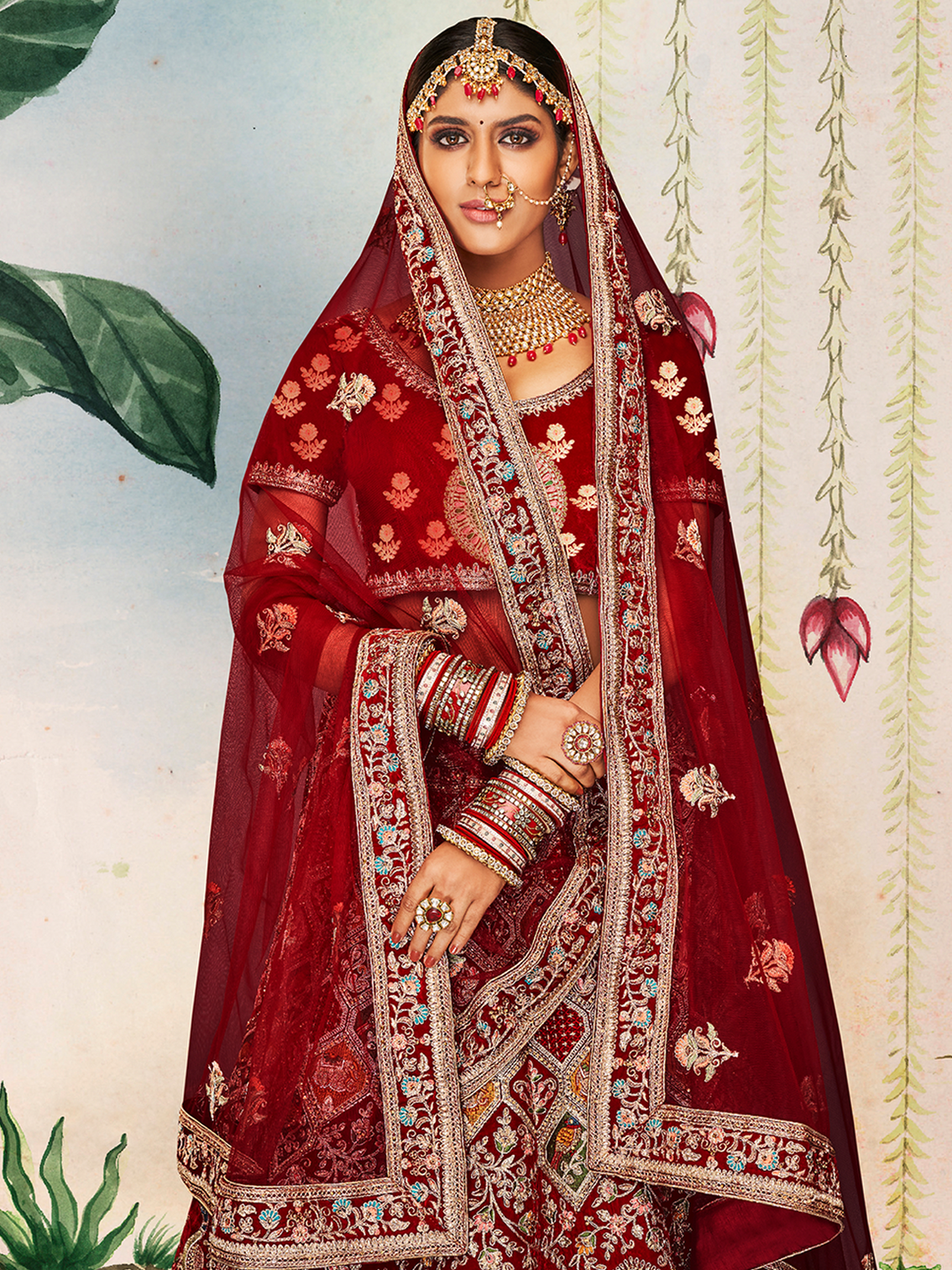 Maroon Embroidered Velvet Semi Stitched Lehenga With Unstitched Blouse