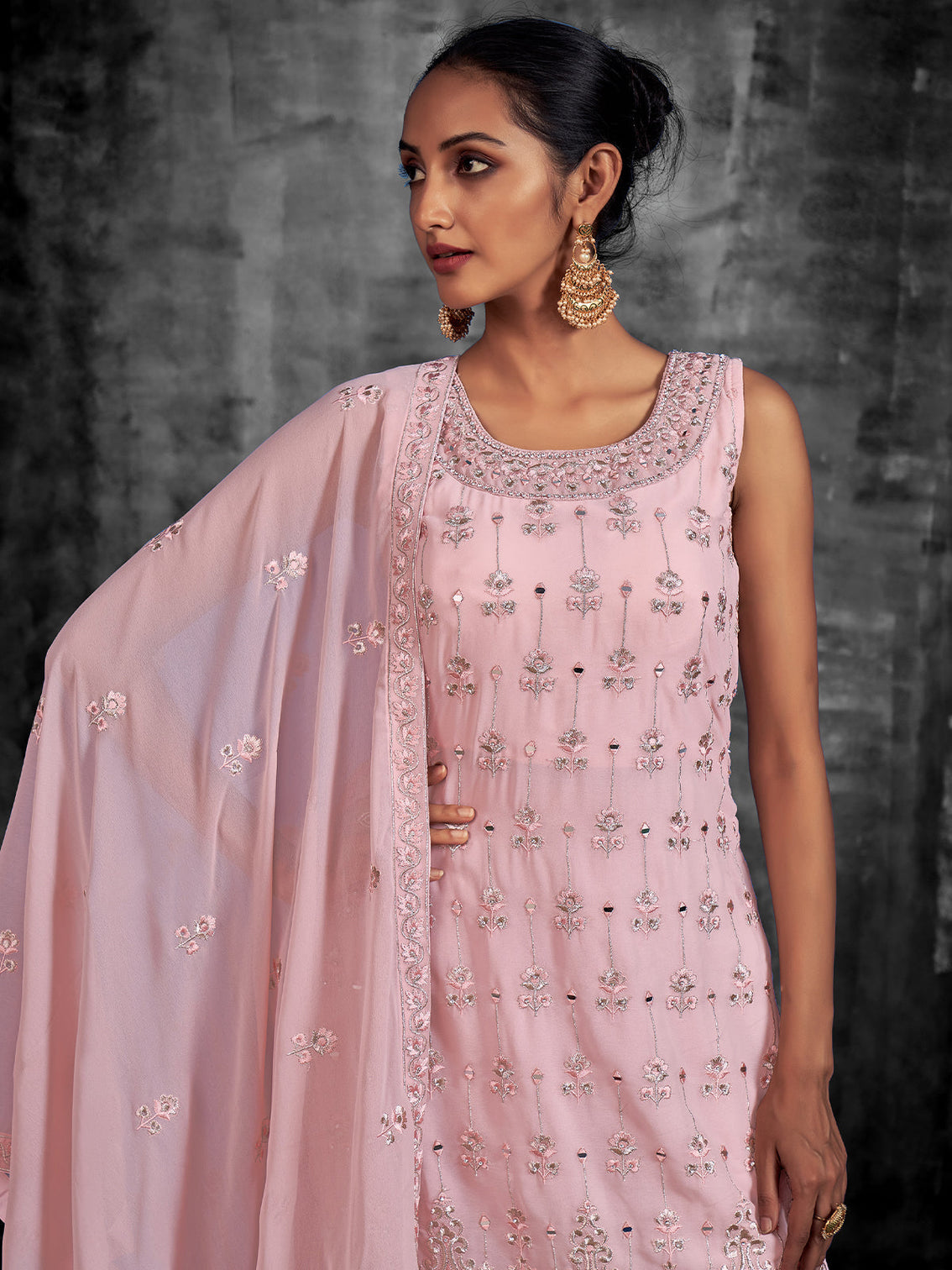 Pink Embroidered Georgette Partywear Stitched Kurta Set