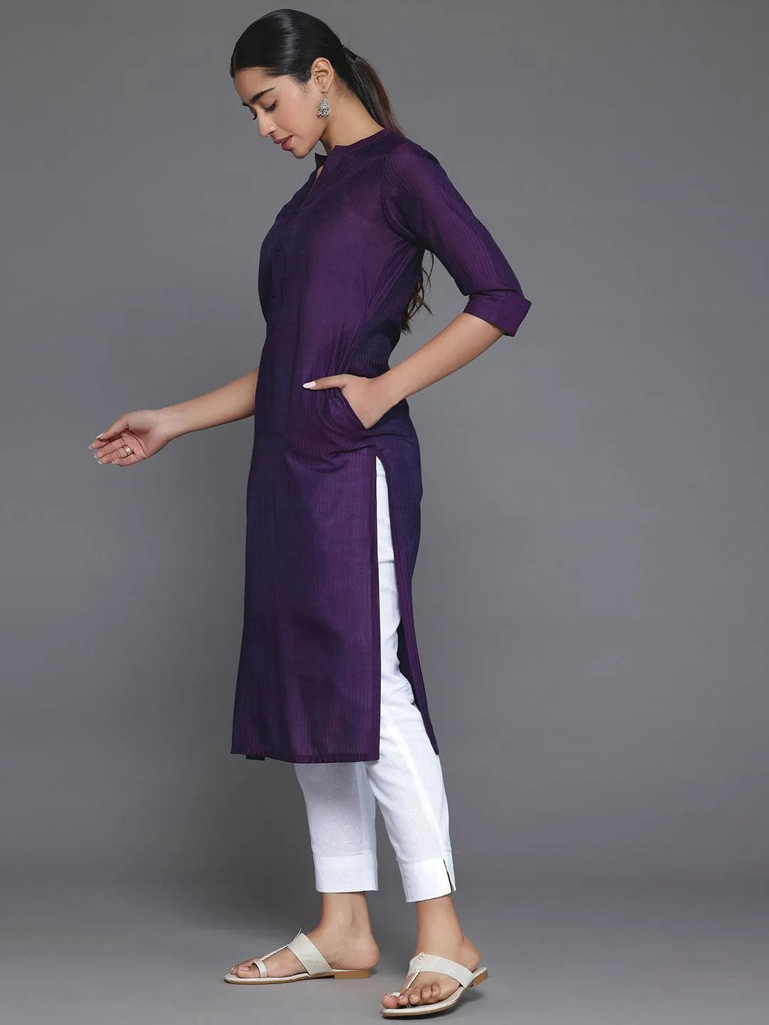Libas Purple Woven Design Silk Straight Kurta