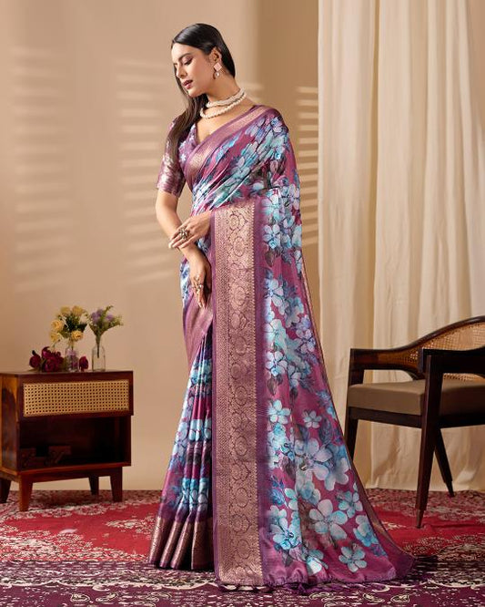 Women's Purple Linen Silk Floral Printed Saree with Antique Zari Border & Designer Pallu