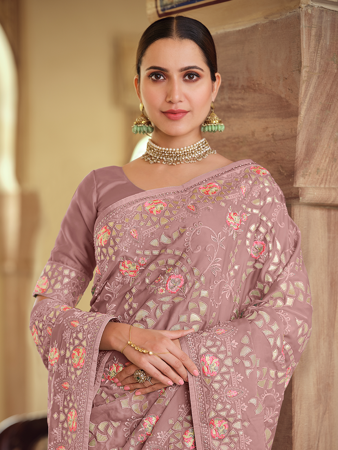 Lilac Satin Georgette Saree With Unstitched Blouse