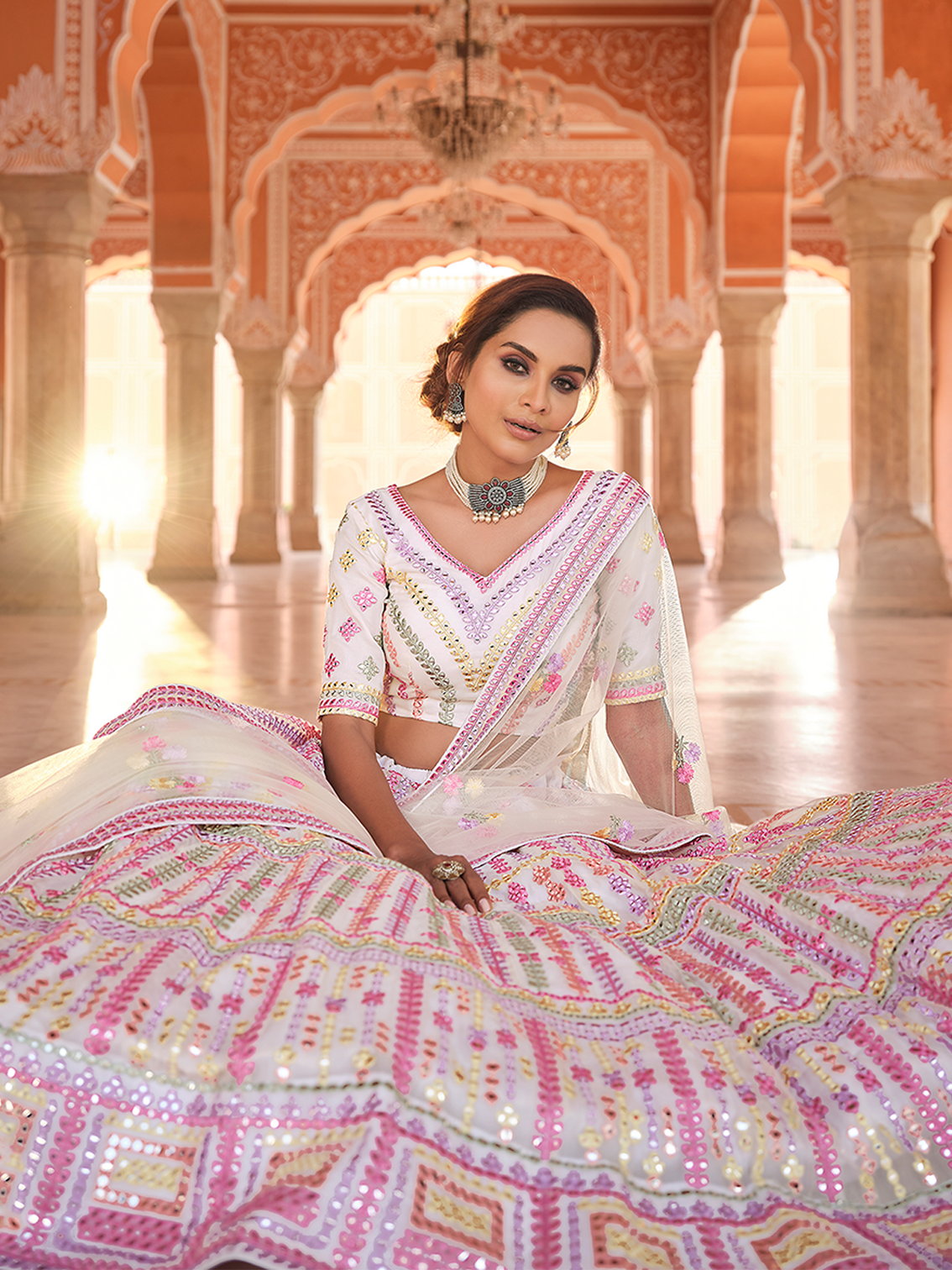 White Embroidered Organza Semi Stitched Lehenga With Unstitched Blouse