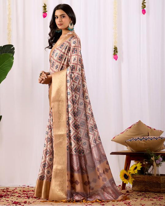 Premium Soft Silk Geometric Printed Saree with Rich Gold Zari Woven Border
