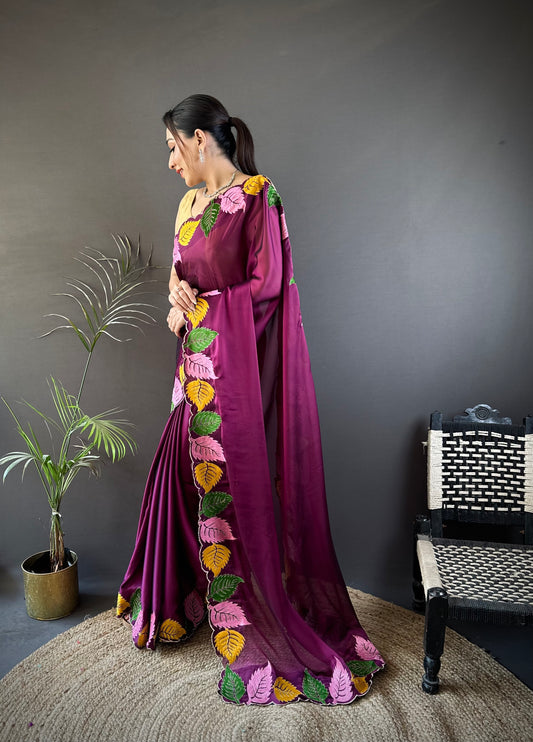 Wine Purple Georgette Saree with Multicolor Leaf Embroidery Border & Designer Pallu