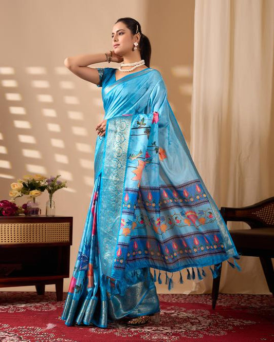 Premium Soft Silk Sky Blue Saree with Rich Silver Zari Woven Border