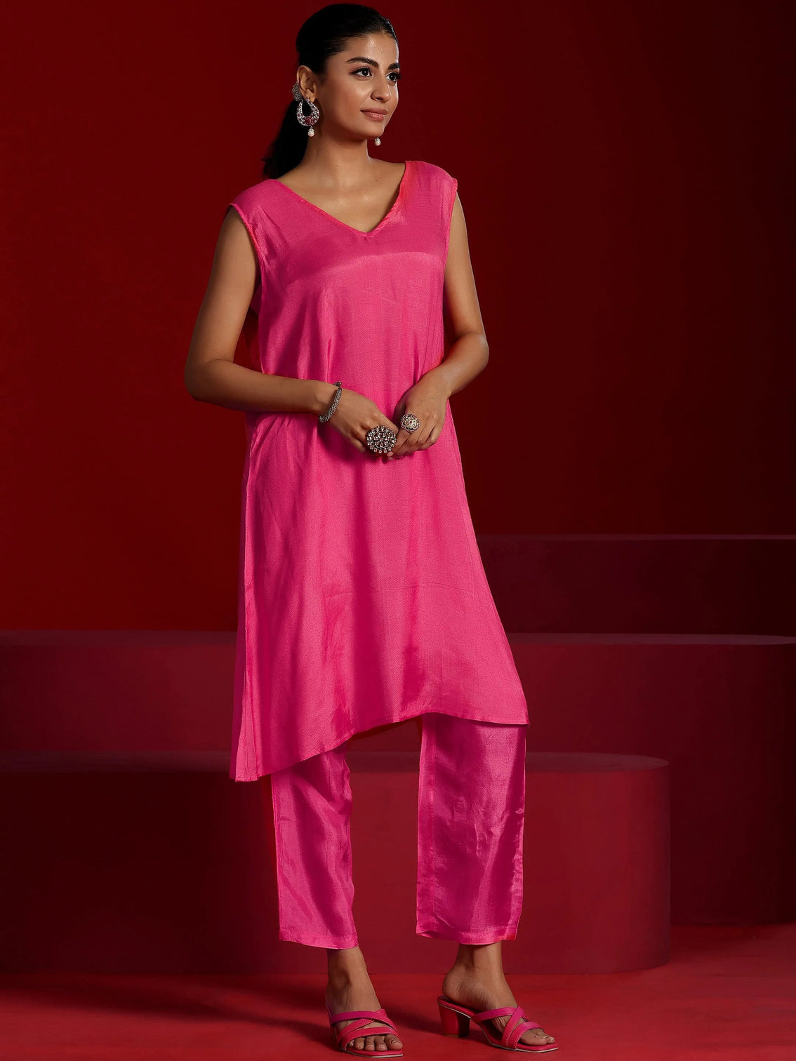 Mameraa Art Pink Printed Poly Georgette 3 Piece Co-Ords