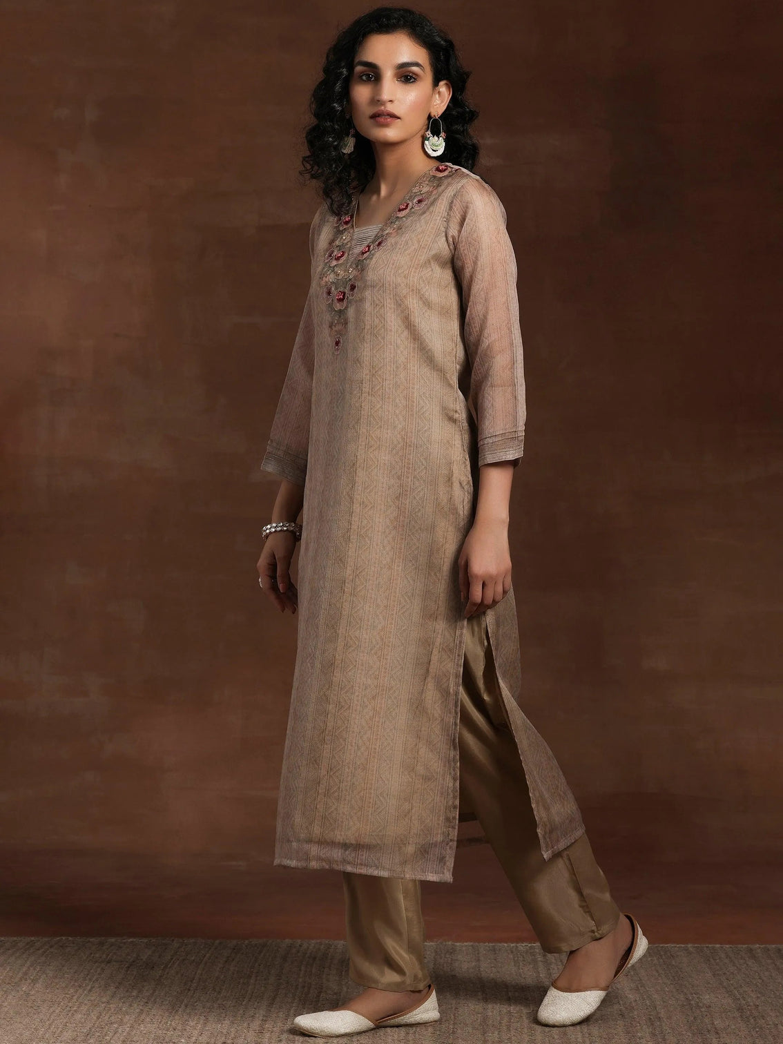 Mameraa Tan Printed Organza Straight Suit With Dupatta