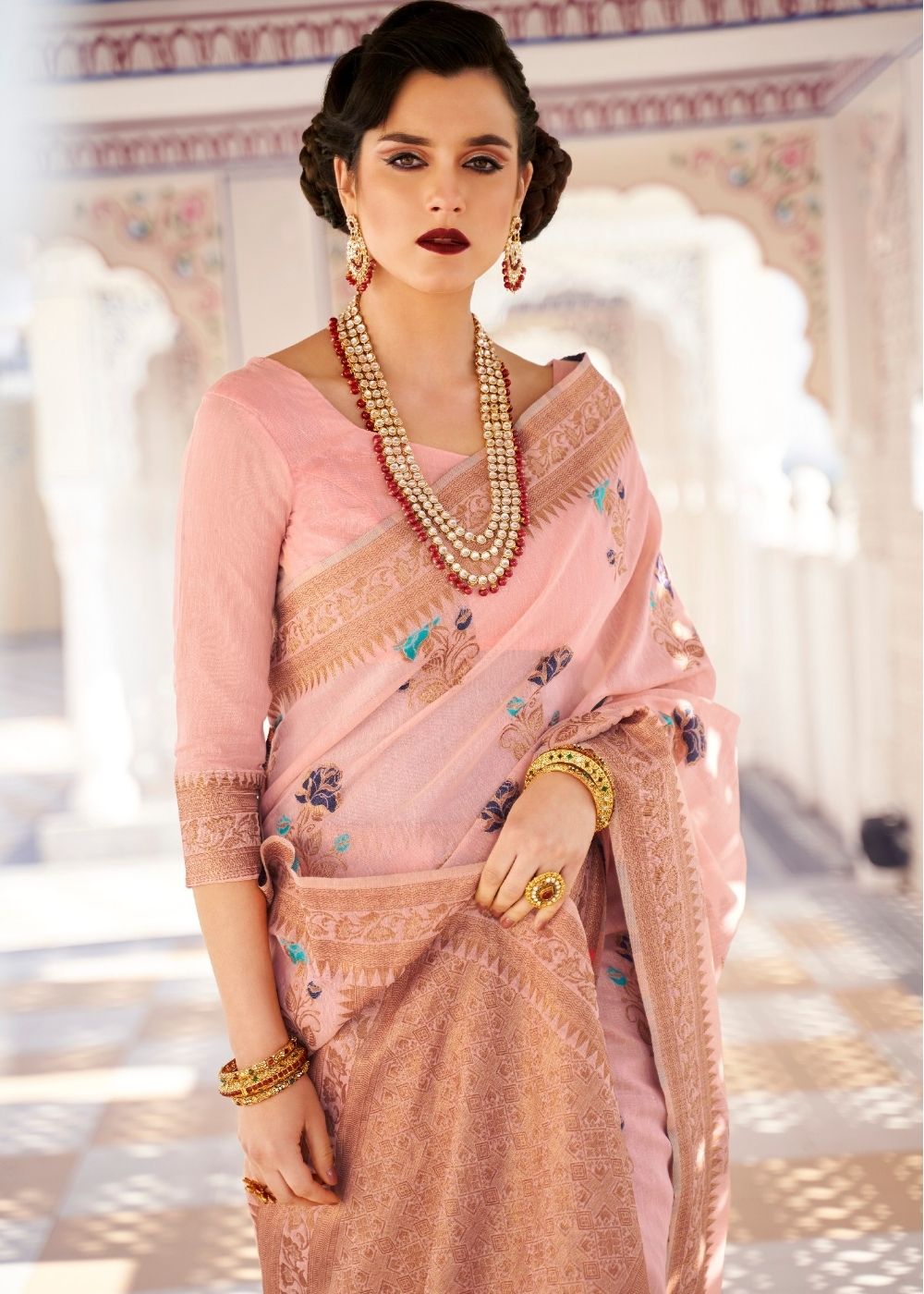 Salmon Pink Linen Woven Silk Saree with Zari work on Border and Pallu
