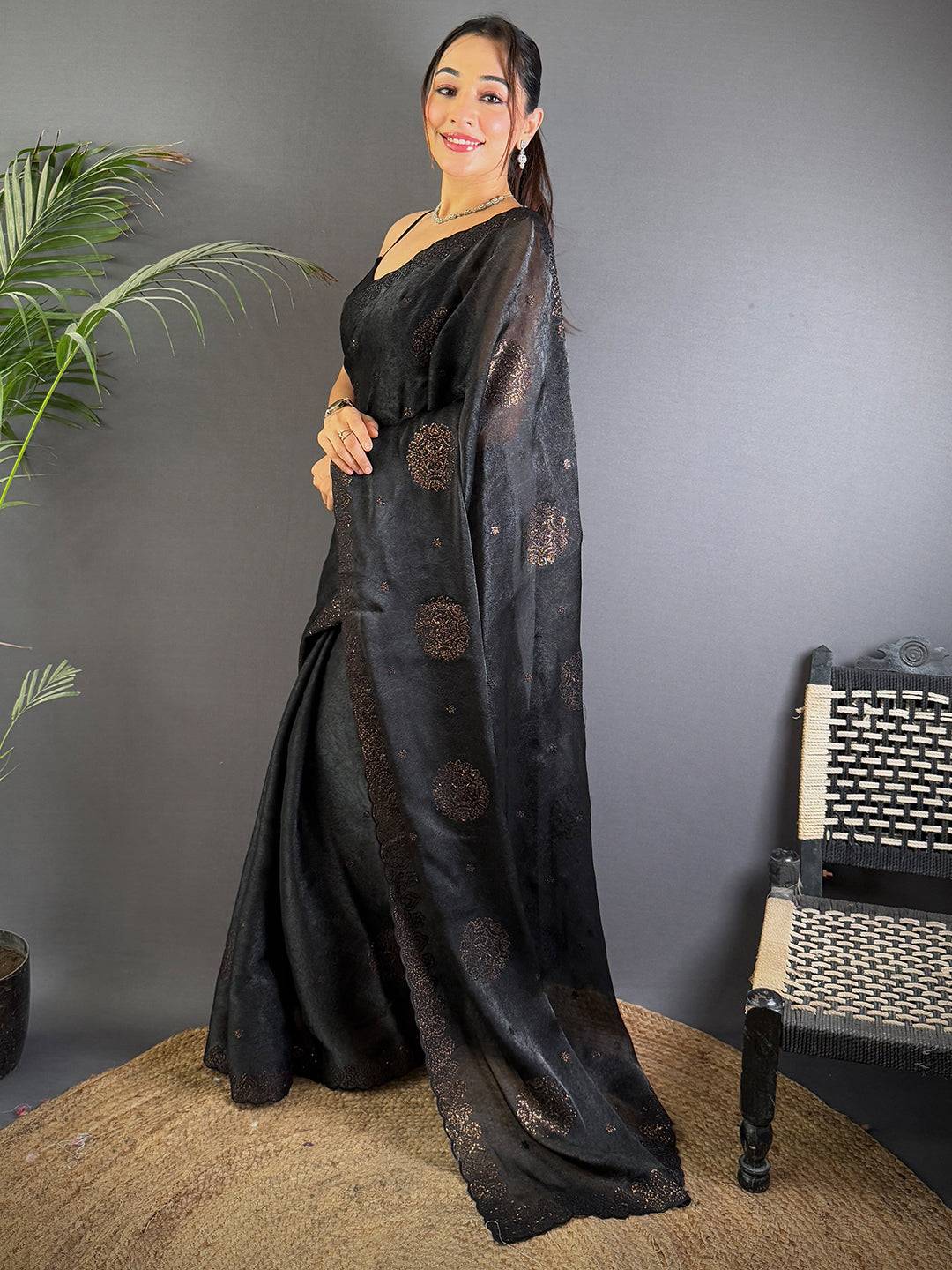 Black Art Silk Sequence Work Saree