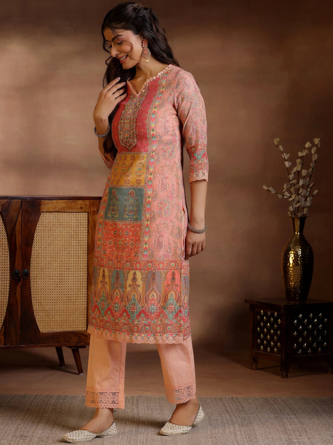 Mameraa Peach Printed Cotton Blend Straight Suit With Dupatta