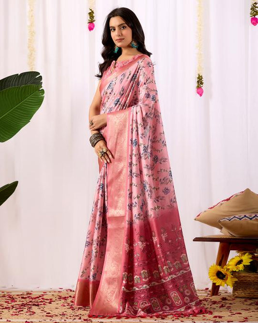 Premium Soft Silk Floral Printed Saree with Rich Pink Zari Woven Border