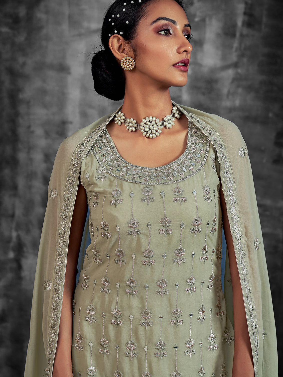 Green Embroidered Partywear Stitched Kurta Set