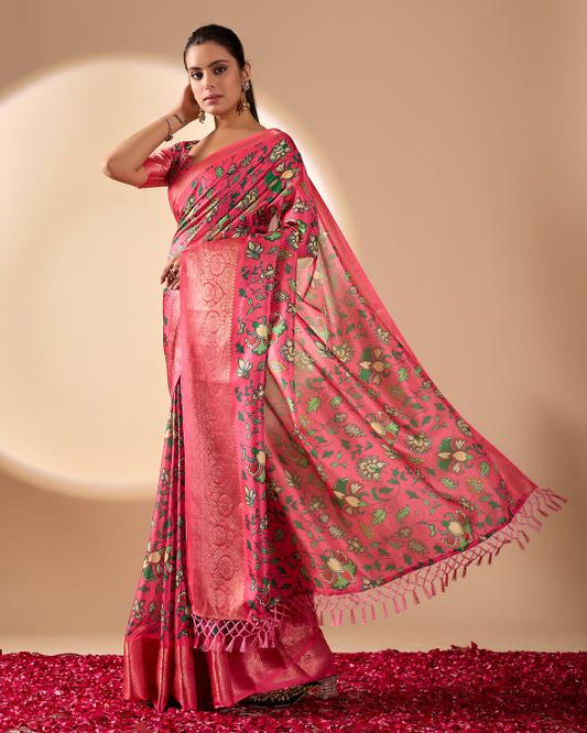 Premium Soft Silk Floral Printed Saree with Rich Pink Zari Woven Border