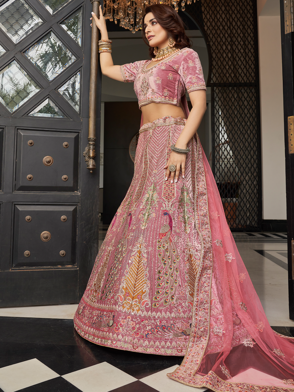 Lilac Velvet Semi Stitched Lehenga With Unstitched Blouse