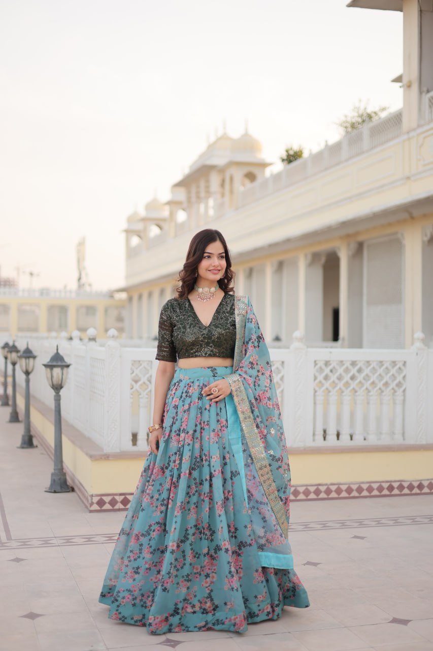 Stunning Russian Silk Sky Blue & Black Lehenga Choli Set with Sequin Embroidery