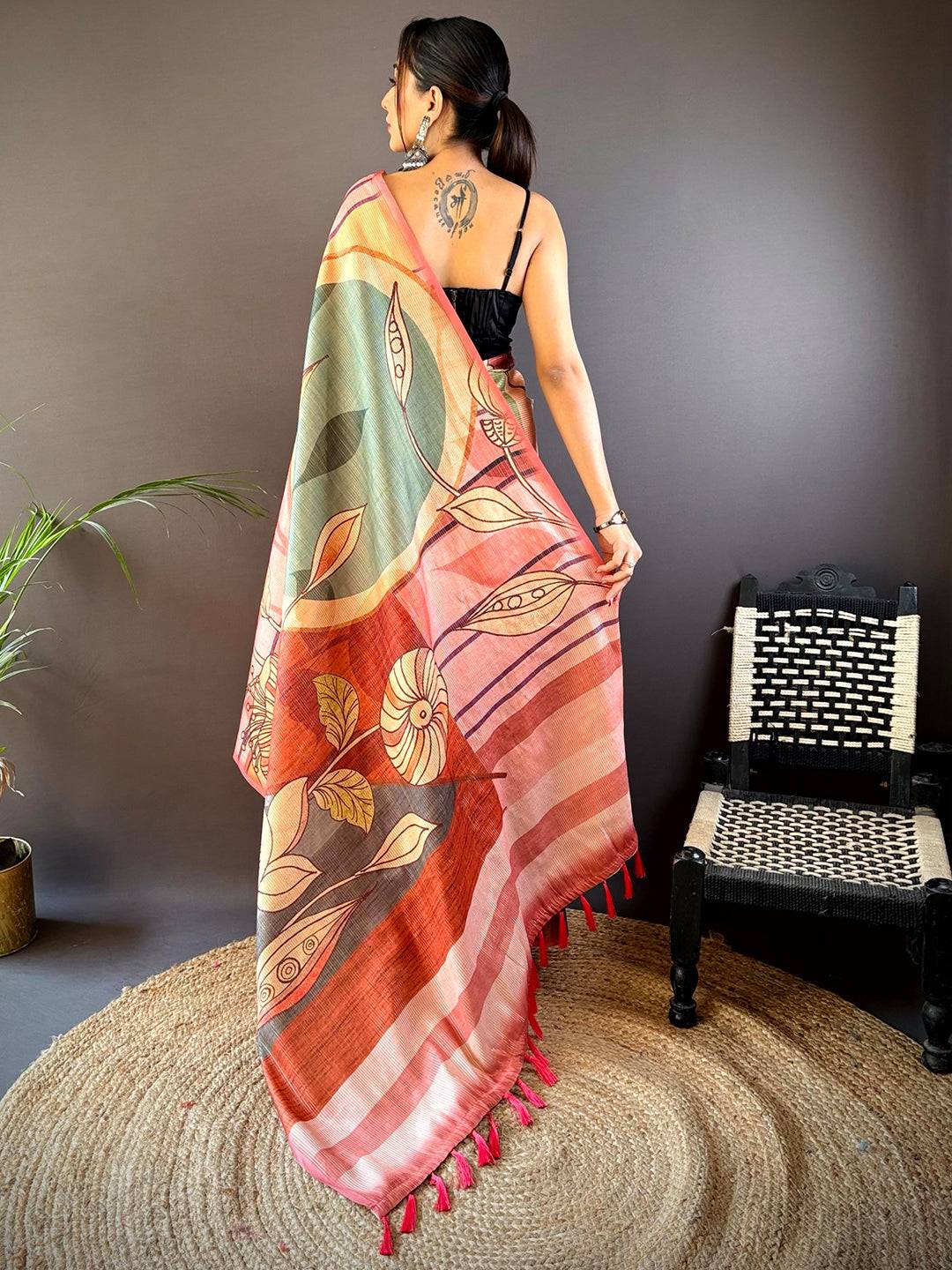 Rose Pink Zari Tussar Printed Saree