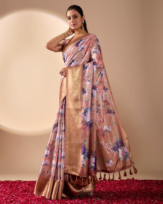 Premium Soft Silk Floral Printed Saree with Rich Gold Zari Woven Border
