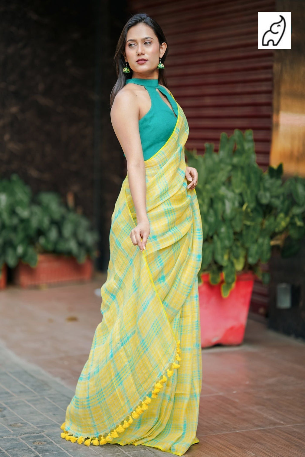 Sunshine yellow aqua blue checkered mul cotton saree with tasselled pallu includes blouse piece shree mall mameraa