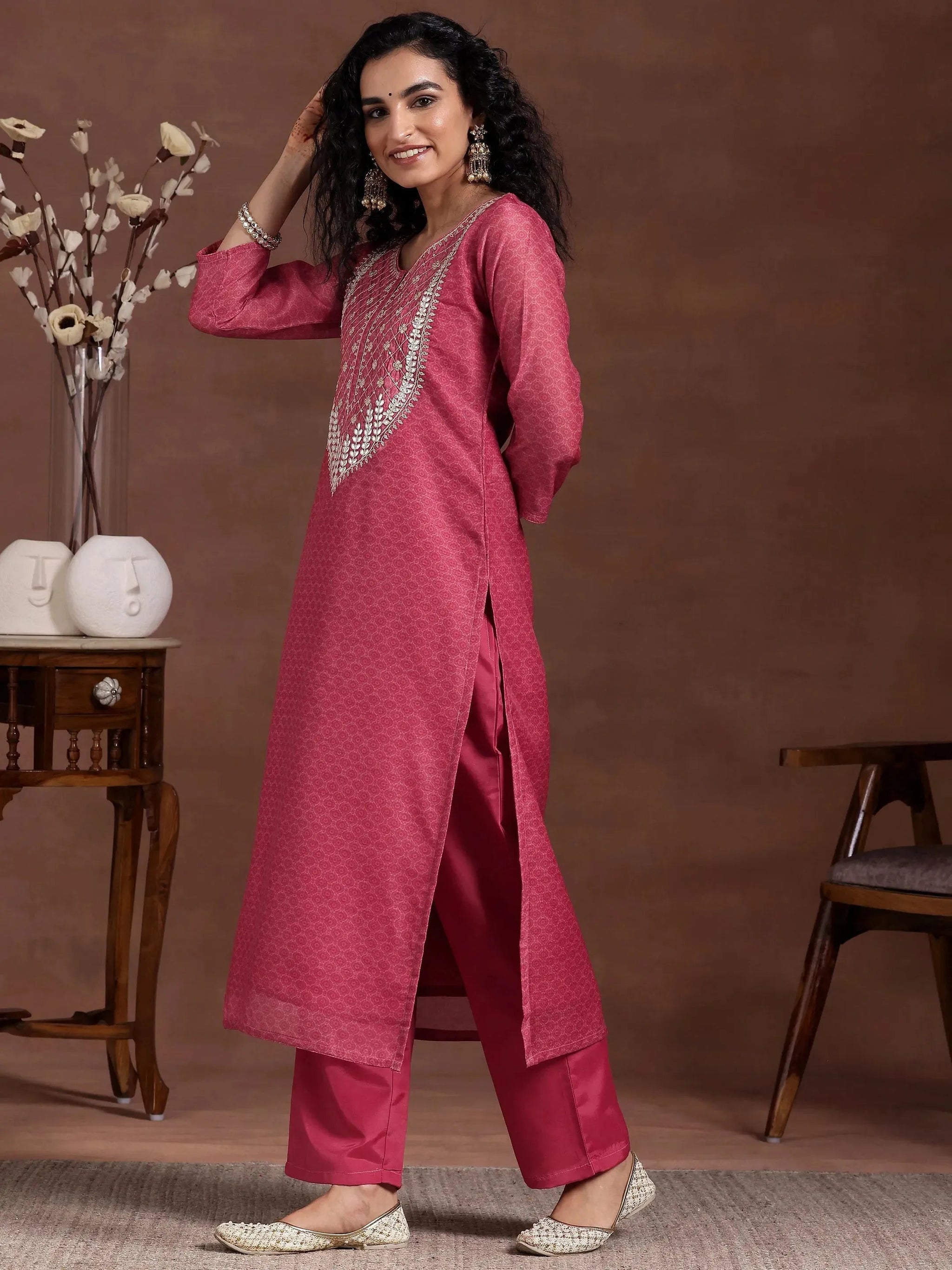 Gerua Pink Printed Silk Blend Straight Suit With Dupatta
