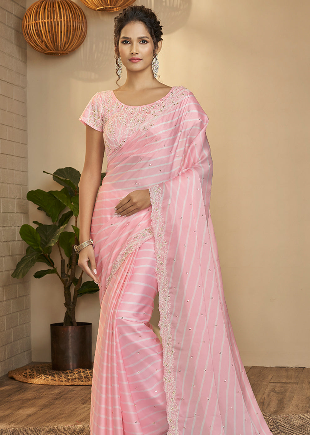 Baby Pink Woven Satin Silk Saree