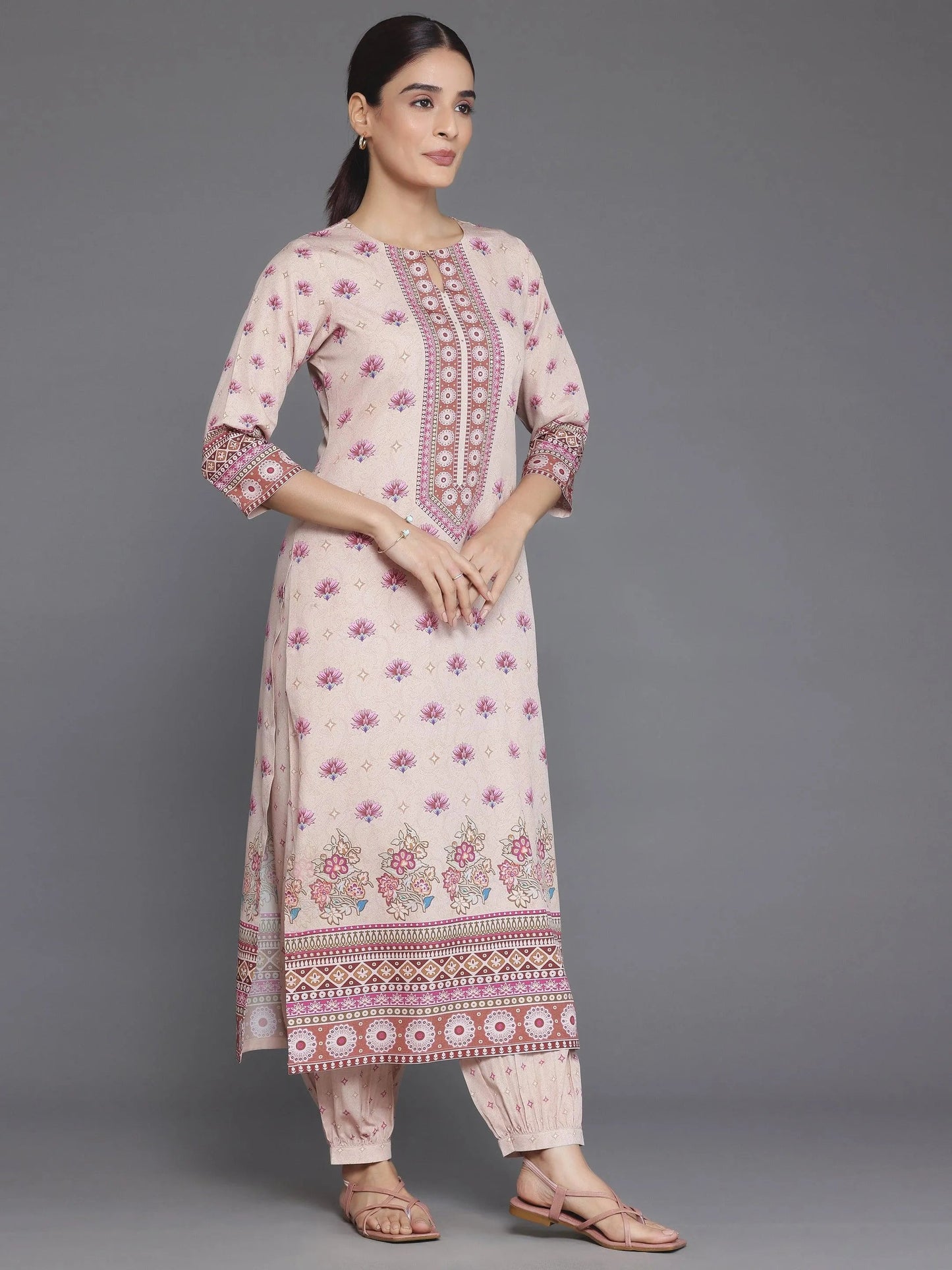 Libas Peach Printed Poly Crepe Straight Suit With Dupatta