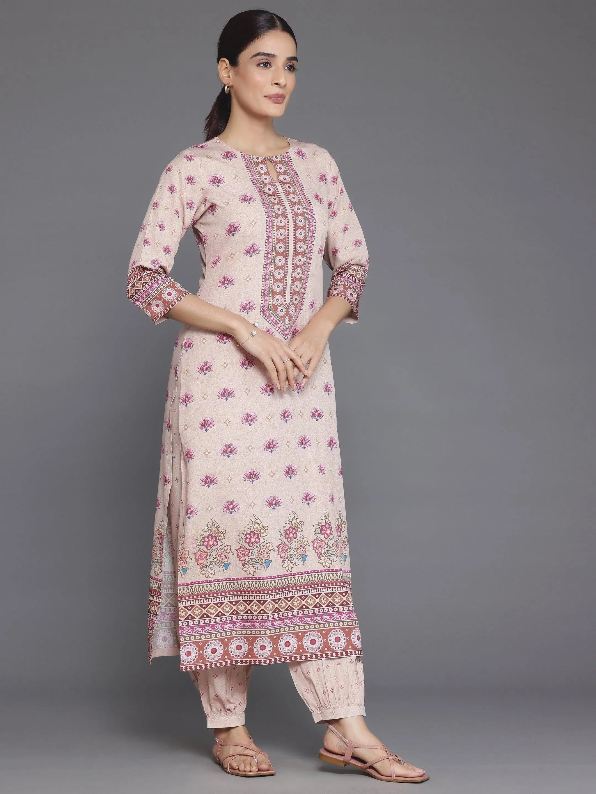 Libas Peach Printed Poly Crepe Straight Suit With Dupatta