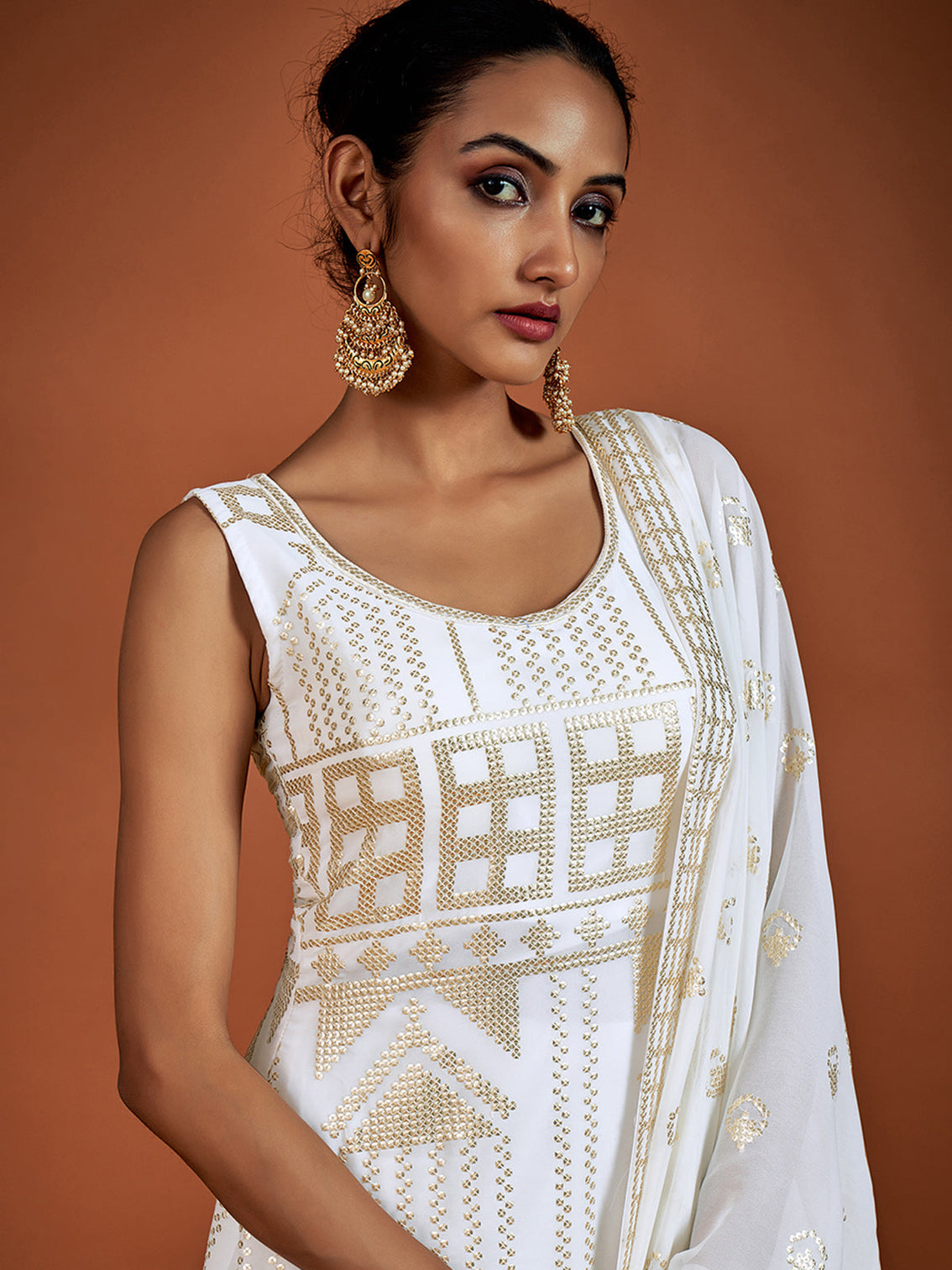 Classic White Embroidered Georgette Partywear Stitched Kurta Set