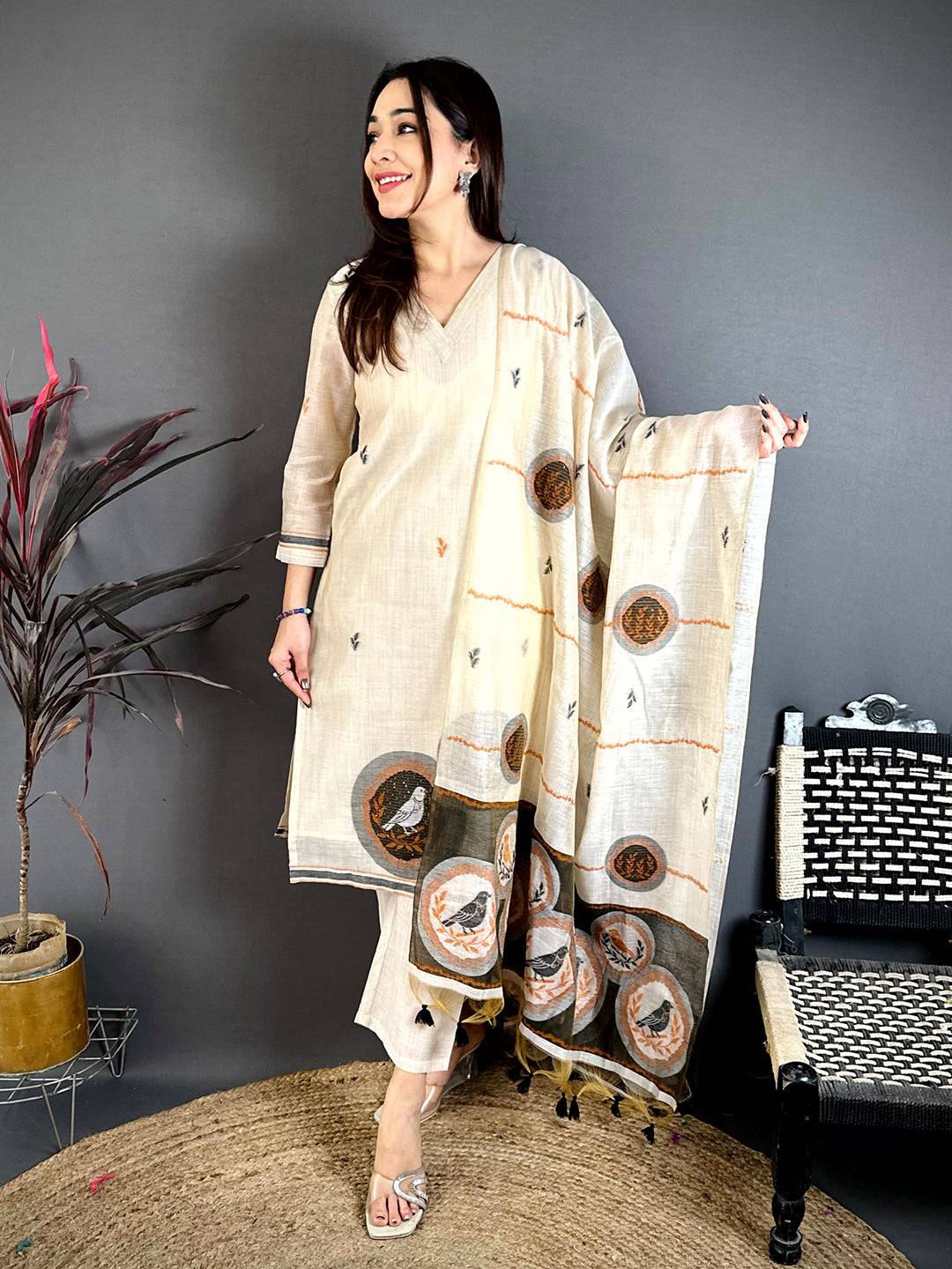 Stylish Beige Floral Cotton Dress