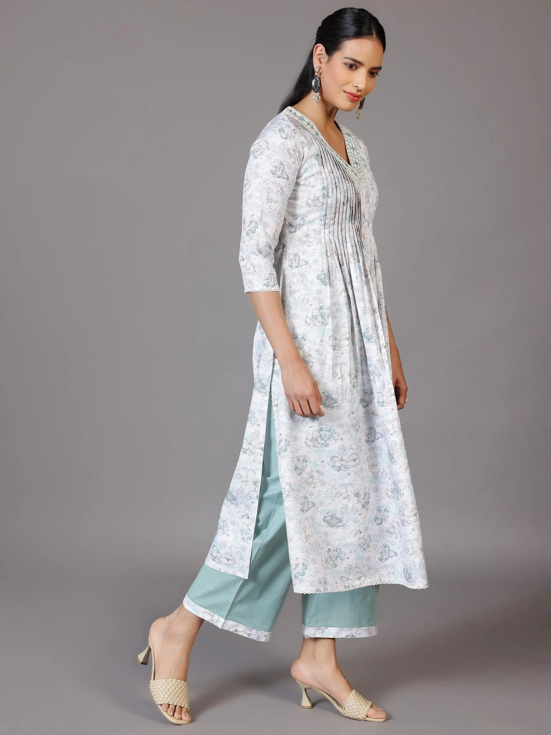 Mameraa Off White Printed Cotton Blend A-Line Kurta With Palazzos & Dupatta