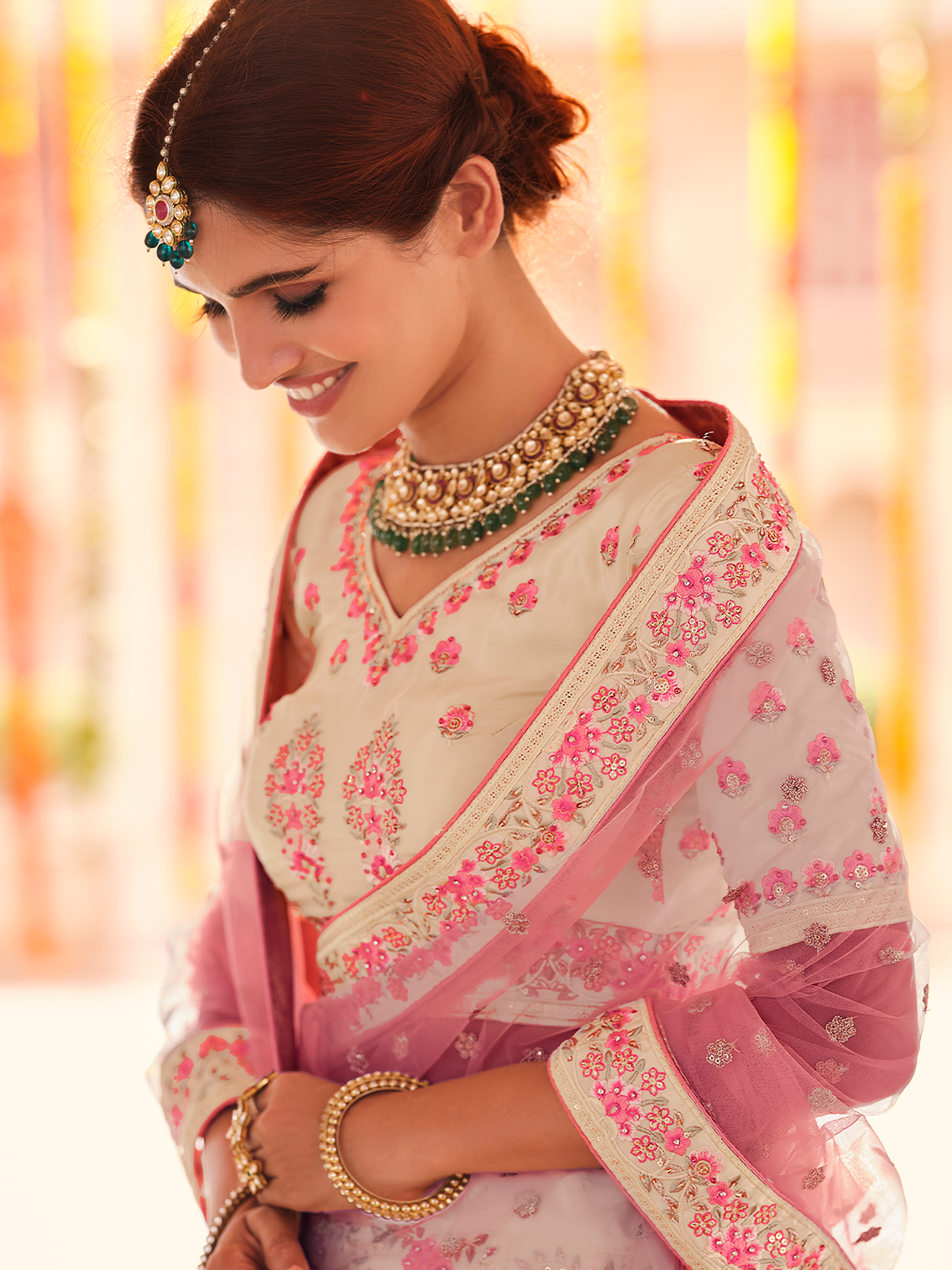 Beige Embroidered Crepe Semi Stitched Lehenga With Unstitched Blouse