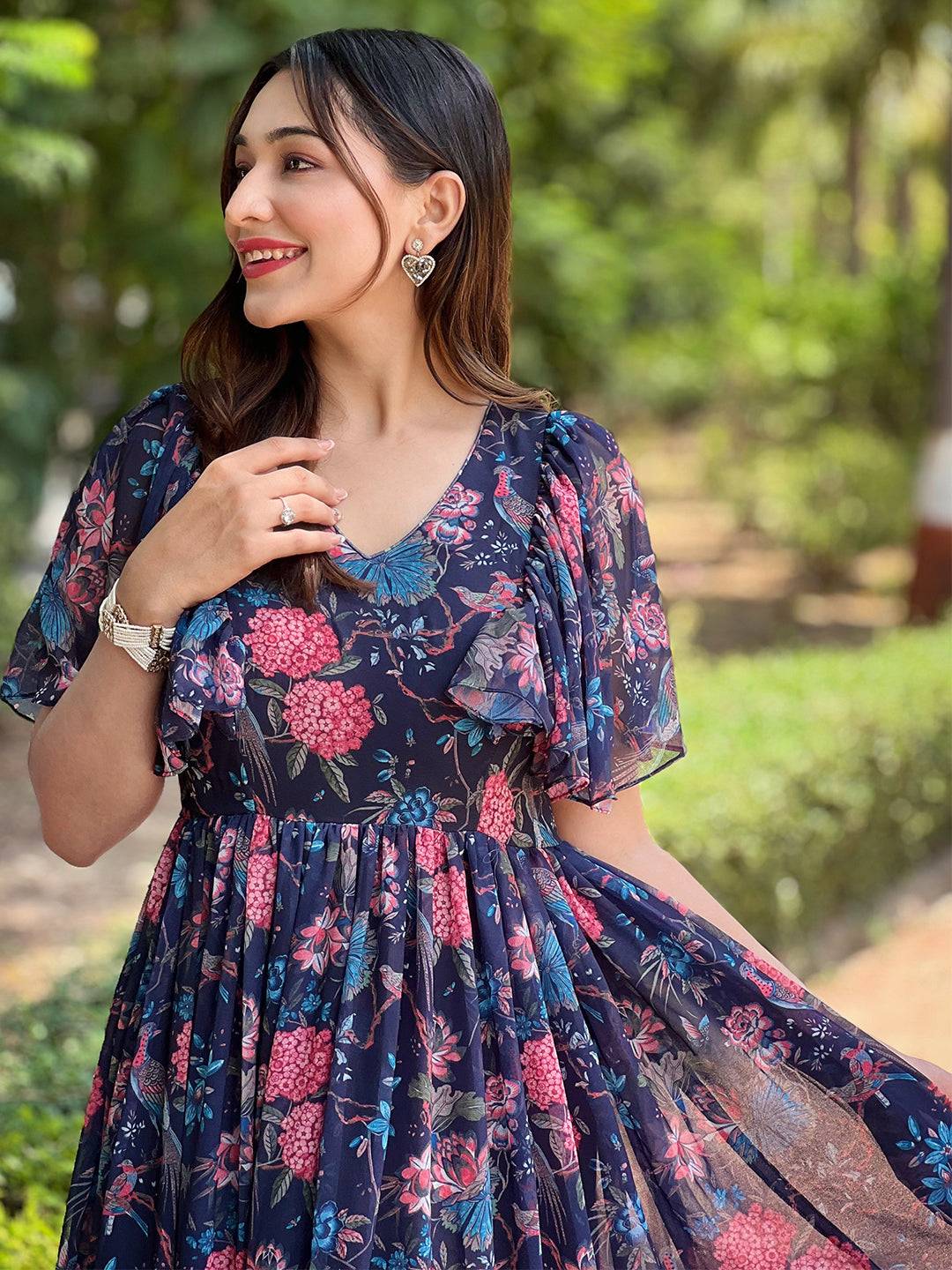 Midnight Navy Floral V-Neck Dress