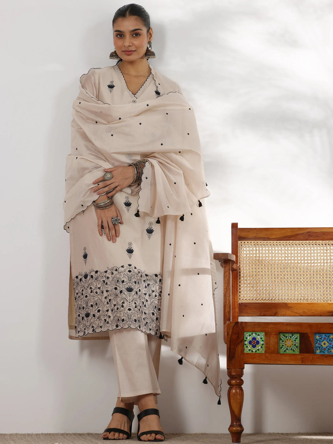 Mameraa Beige Embroidered Chanderi Silk Straight Suit With Dupatta