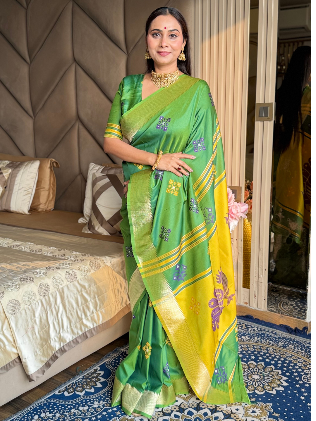 Mehendi Soft Silk Ikkat Patola Saree with Meenakari Motifs Peacock Pallu and Gold Zari Border
