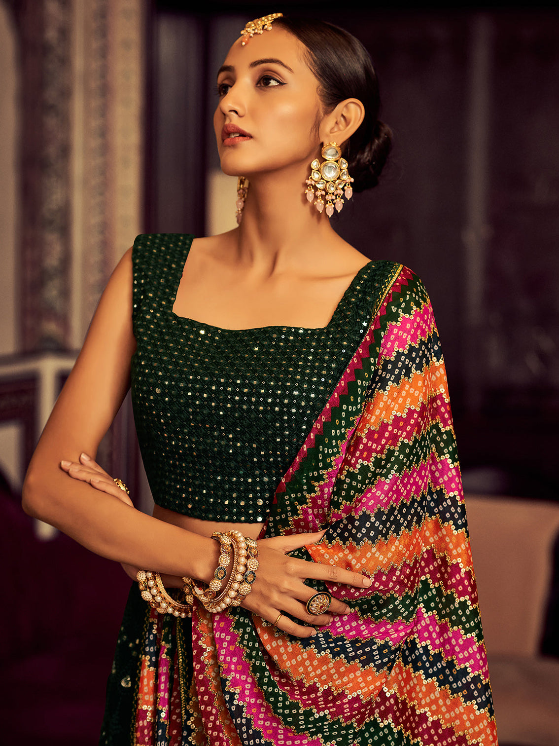 Green Embroidered Georgette Semi Stitched Lehenga With Blouse Piece