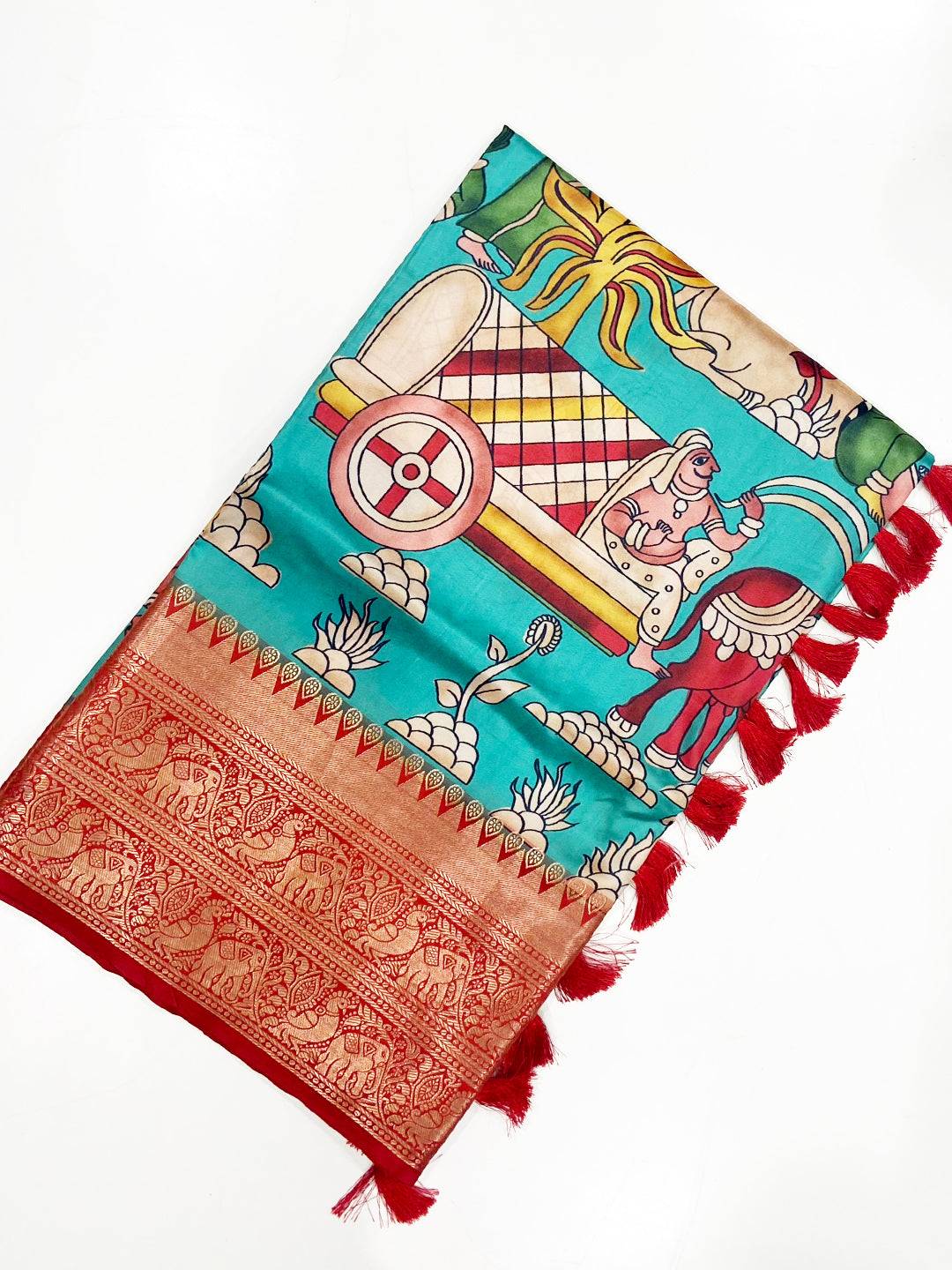 Turquoise Banarasi Silk Kalamkari Saree