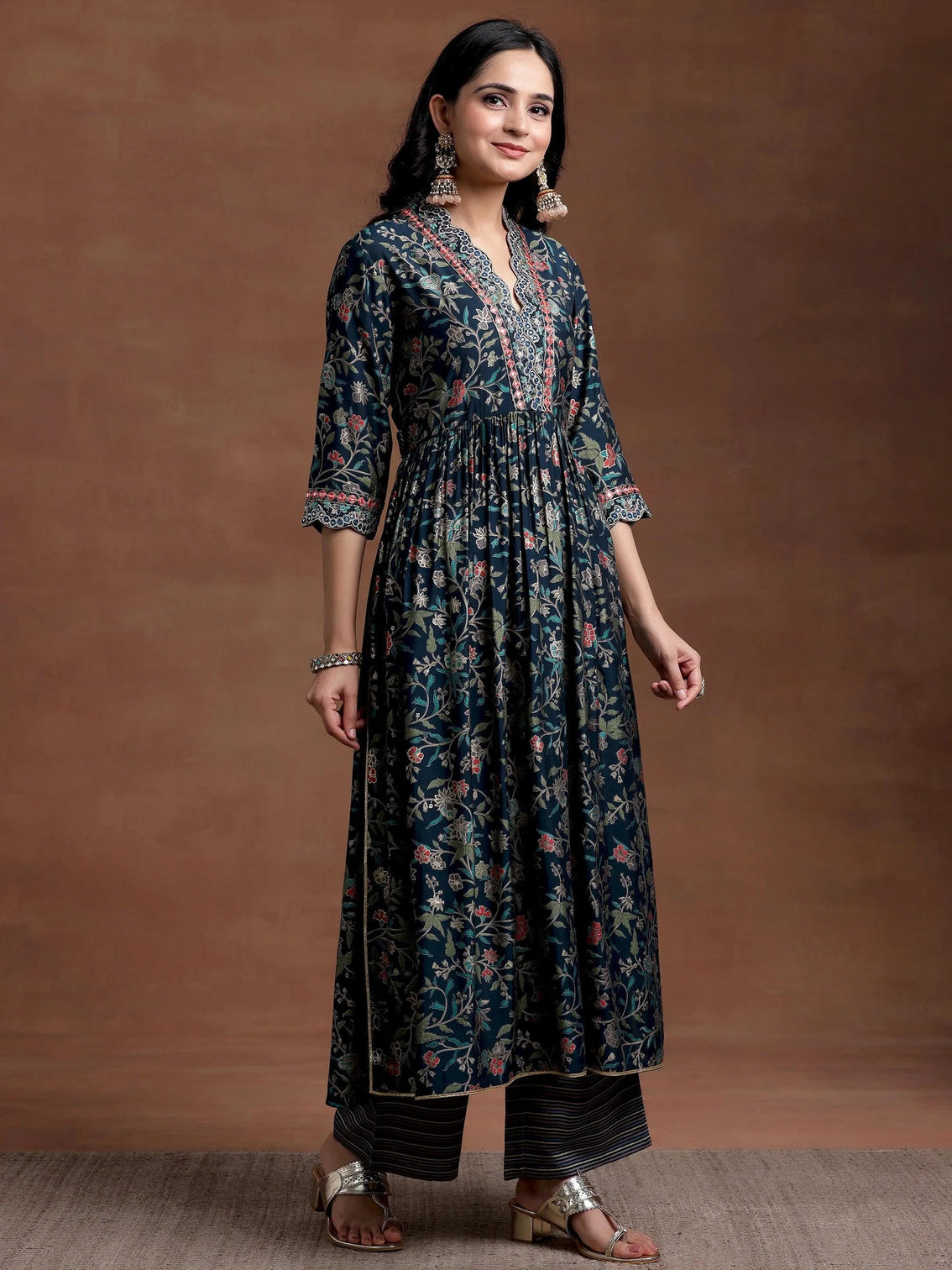 Mameraa Blue Printed Silk Blend A-Line Kurta With Palazzos & Dupatta