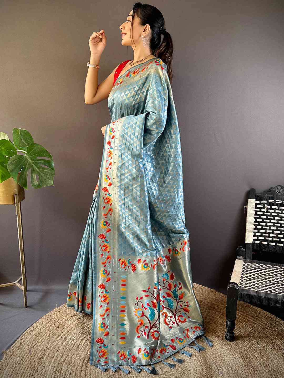Light Blue Silk Blend Woven Zari Work Paithani Saree
